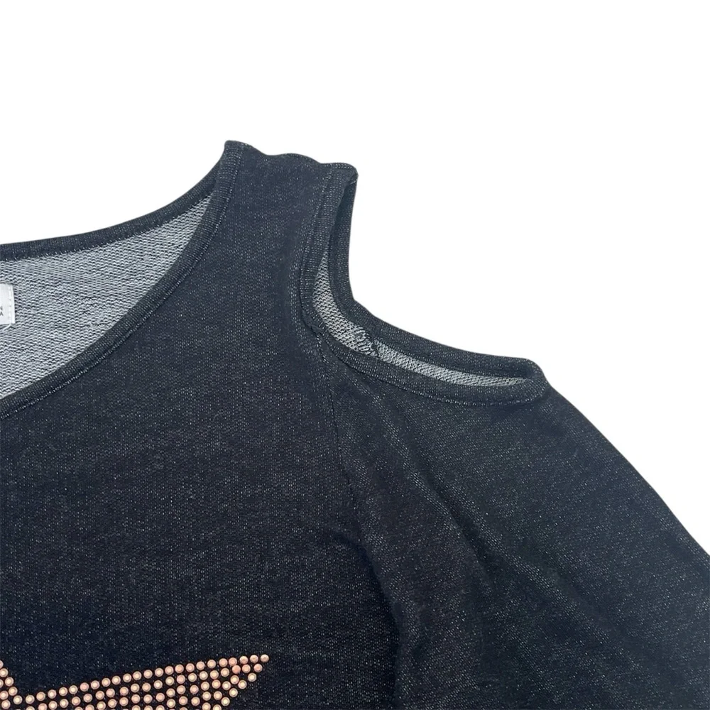 Epic Threads Girls L Cold Shoulder Top Black Long Sleeve Rhinestone Star